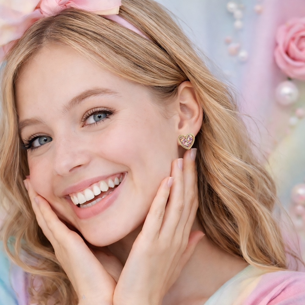 Confetti Heart Stud Earrings Gold Tone Multicolor Glitter Hypoallergenic Cute - Picture 3 of 12